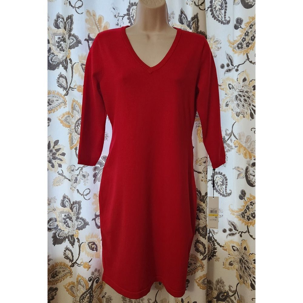 Calvin Klein Sweater Dress Red Size Medium Knee Length 3/4 Sleeve V-Neck Holiday